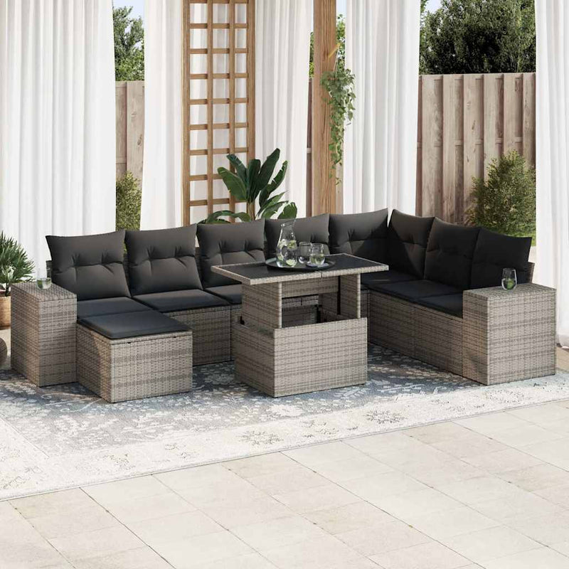 vidaXL 9 Piece Garden Sofa Set with Cushions Grey Poly Rattan