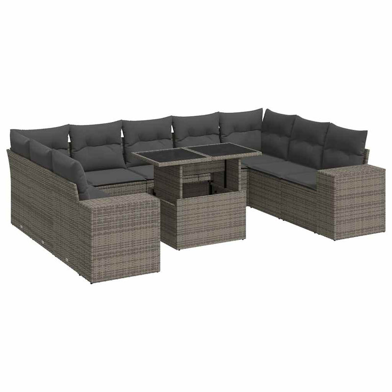 vidaXL 10 Piece Garden Sofa Set with Cushions Grey Poly Rattan