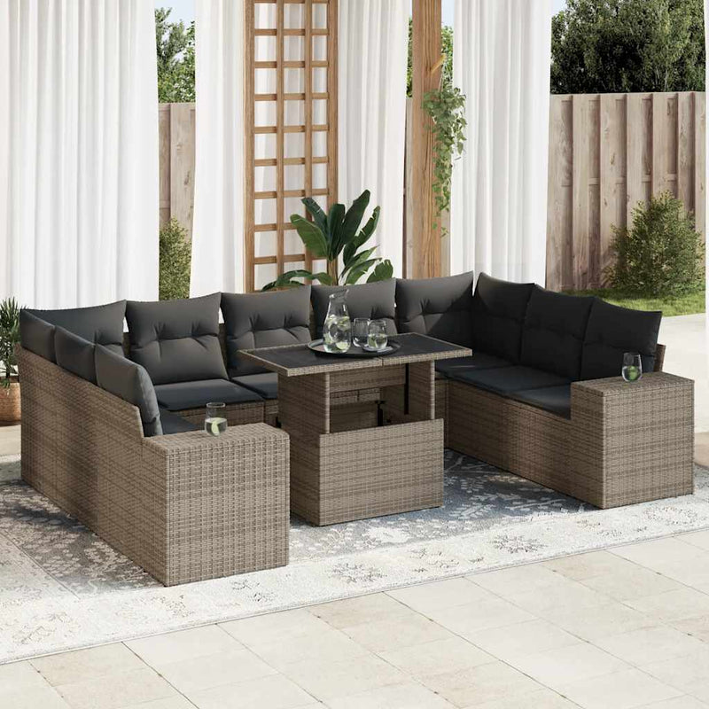 vidaXL 10 Piece Garden Sofa Set with Cushions Grey Poly Rattan