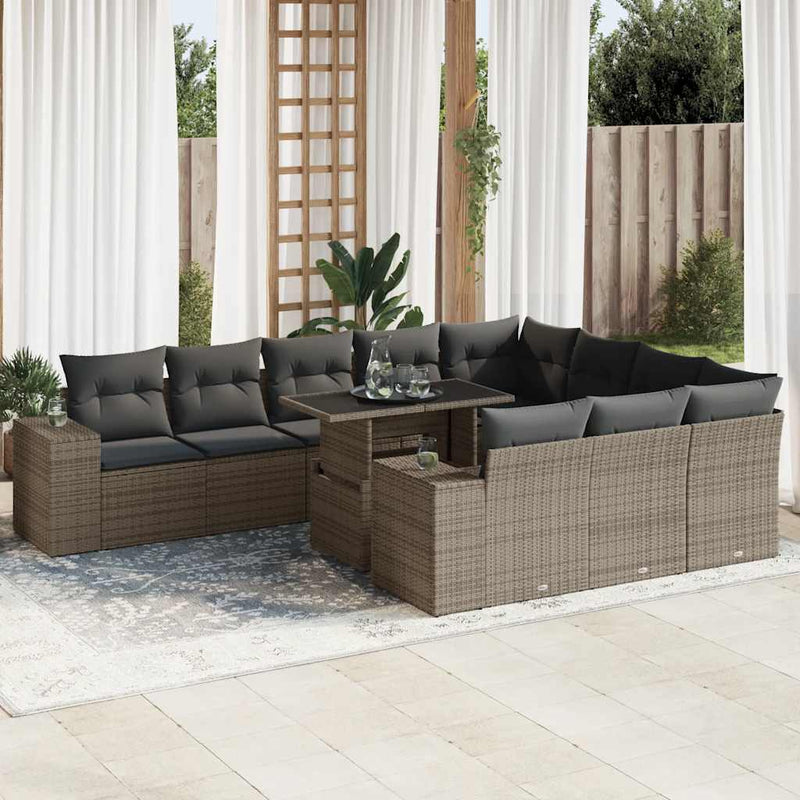 11 Piece Garden Sofa Set with Cushions Grey Poly Rattan