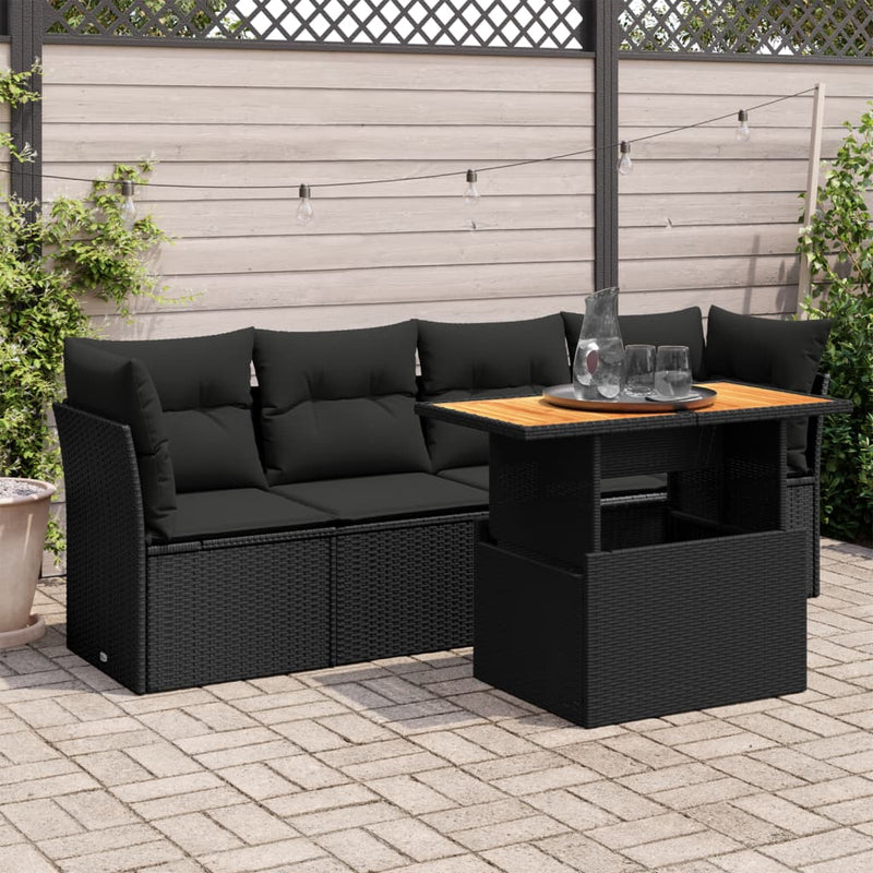 vidaXL 5 Piece Garden Sofa Set with Cushions Black Poly Rattan