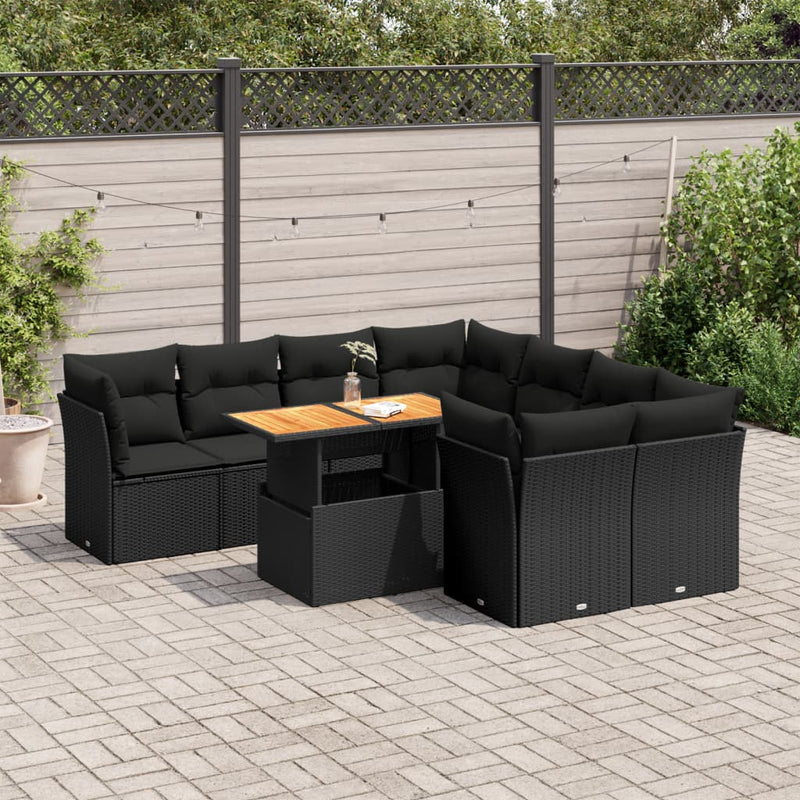 vidaXL 9 Piece Garden Sofa Set with Cushions Black Poly Rattan