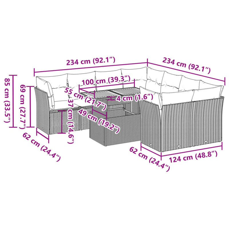 vidaXL 9 Piece Garden Sofa Set with Cushions Beige Poly Rattan