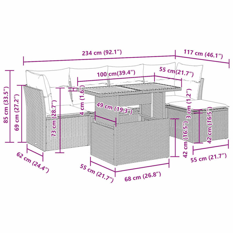 vidaXL 6 Piece Garden Sofa Set with Cushions Grey Poly Rattan