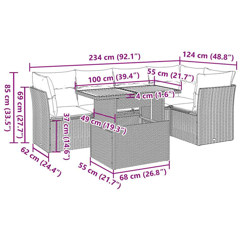 vidaXL 6 Piece Garden Sofa Set with Cushions Grey Poly Rattan