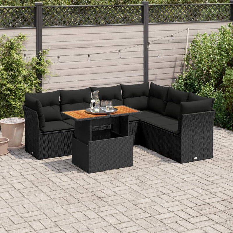 7 Piece Garden Sofa Set with Cushions Black Poly Rattan