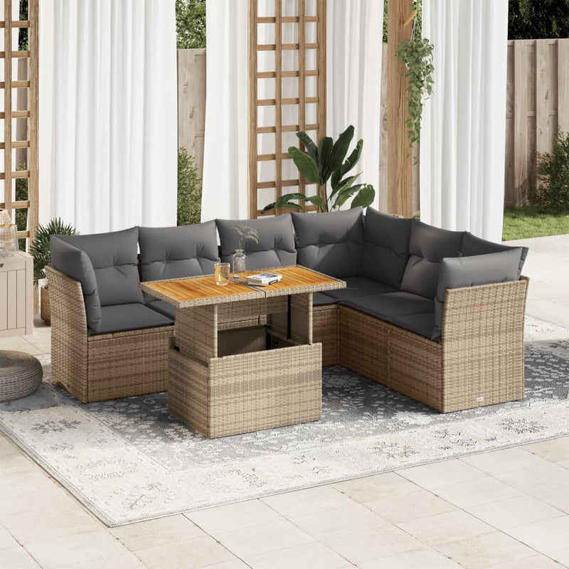 vidaXL 7 Piece Garden Sofa Set with Cushions Beige Poly Rattan