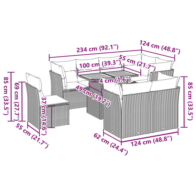 vidaXL 9 Piece Garden Sofa Set with Cushions Grey Poly Rattan