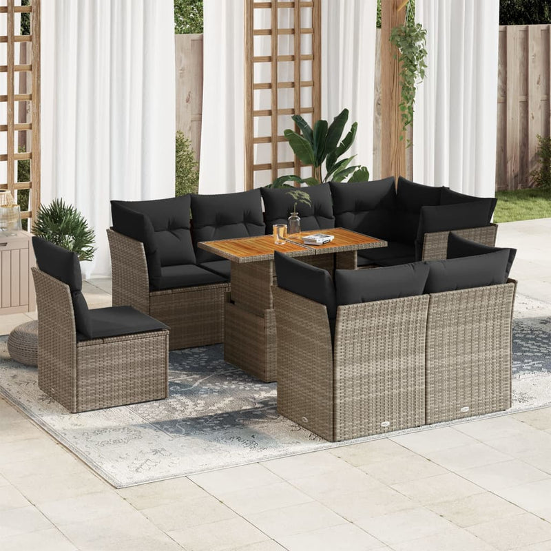 9 Piece Garden Sofa Set with Cushions Grey Poly Rattan