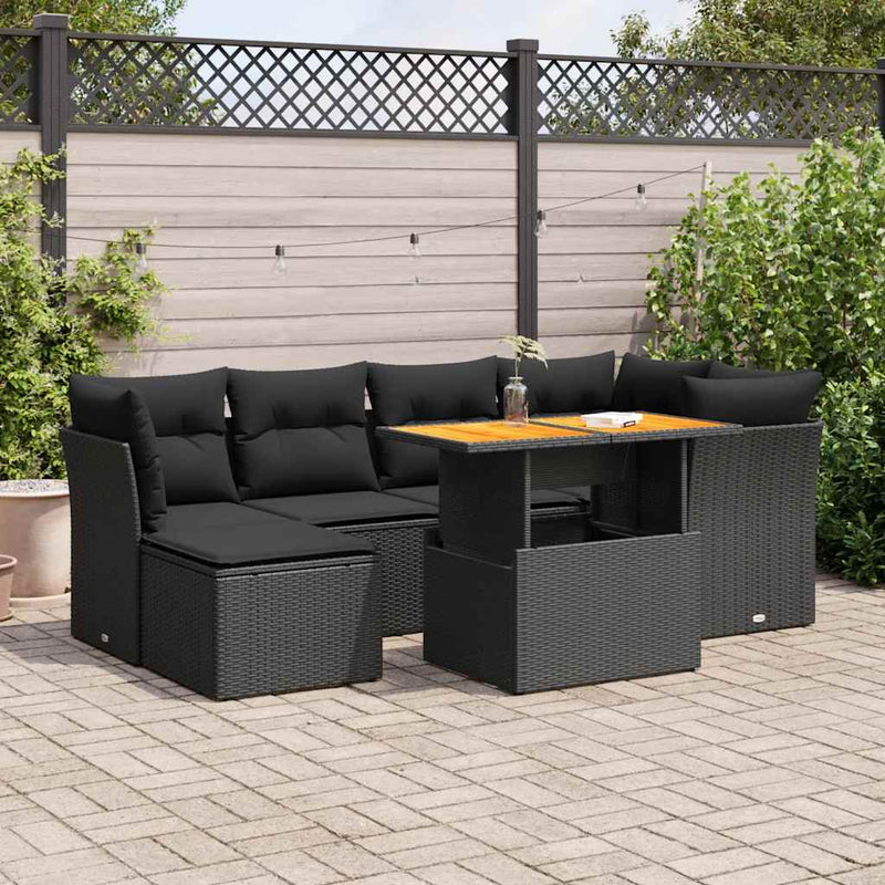 vidaXL 7 Piece Garden Sofa Set with Cushions Black Poly Rattan