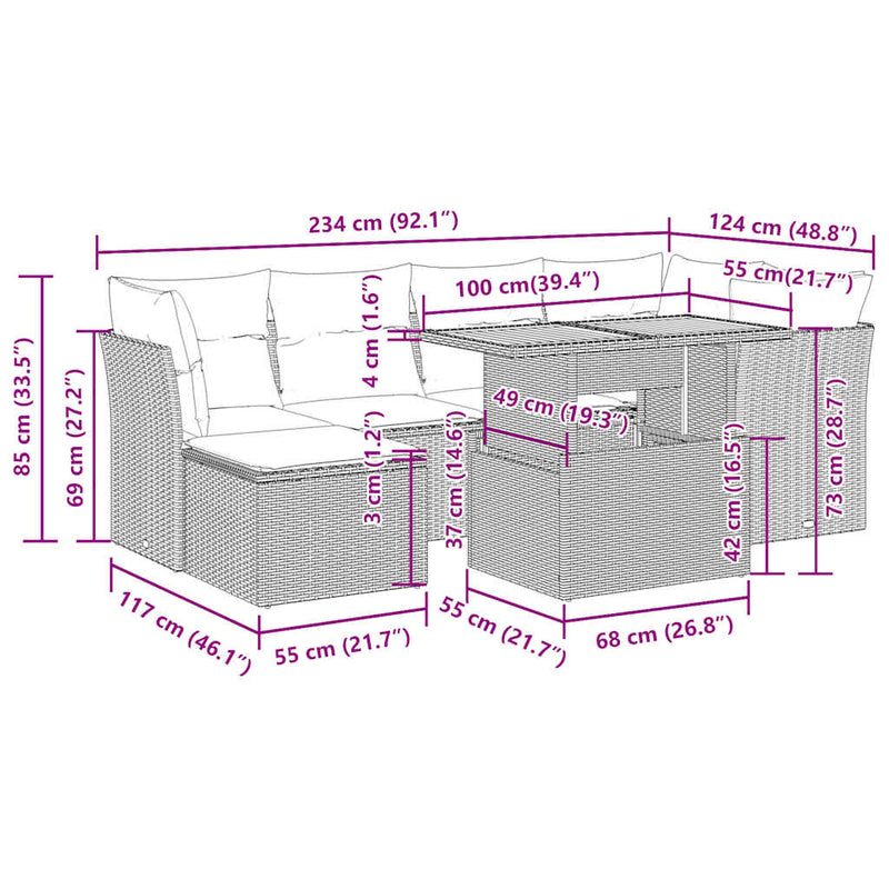 vidaXL 7 Piece Garden Sofa Set with Cushions Grey Poly Rattan