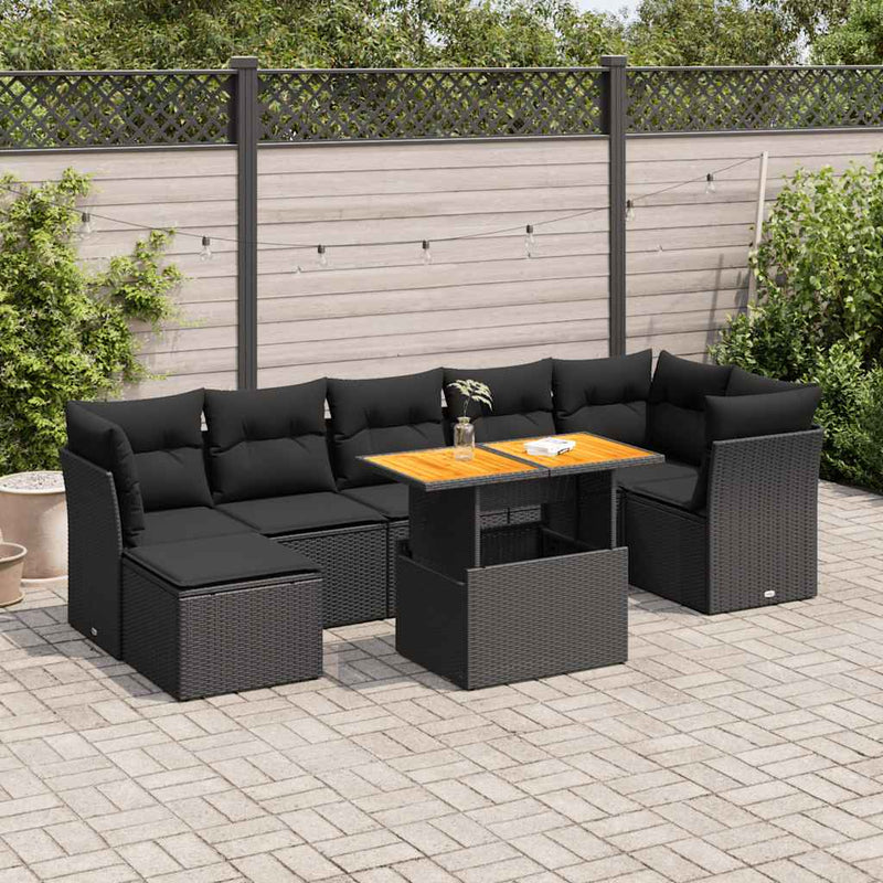 8 Piece Garden Sofa Set with Cushions Black Poly Rattan