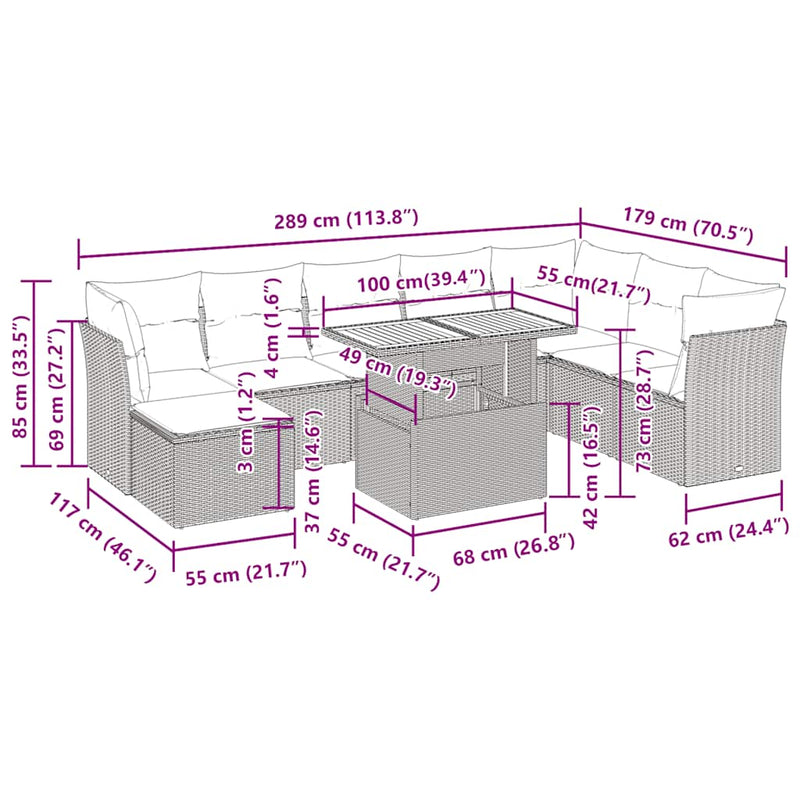 vidaXL 9 Piece Garden Sofa Set with Cushions Grey Poly Rattan