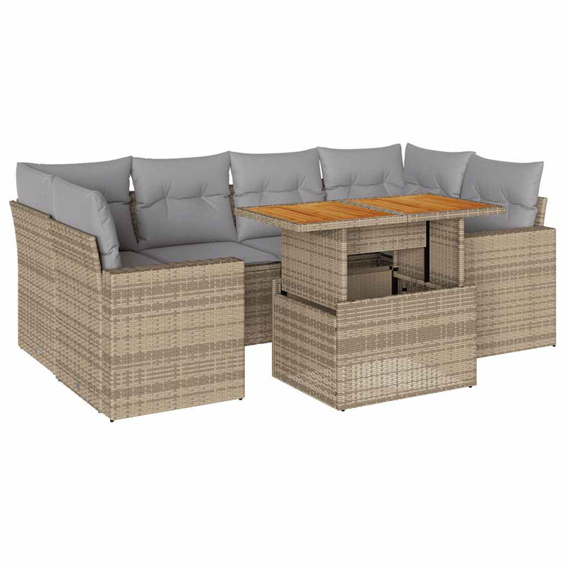 7 Piece Garden Sofa Set with Cushions Beige Poly Rattan