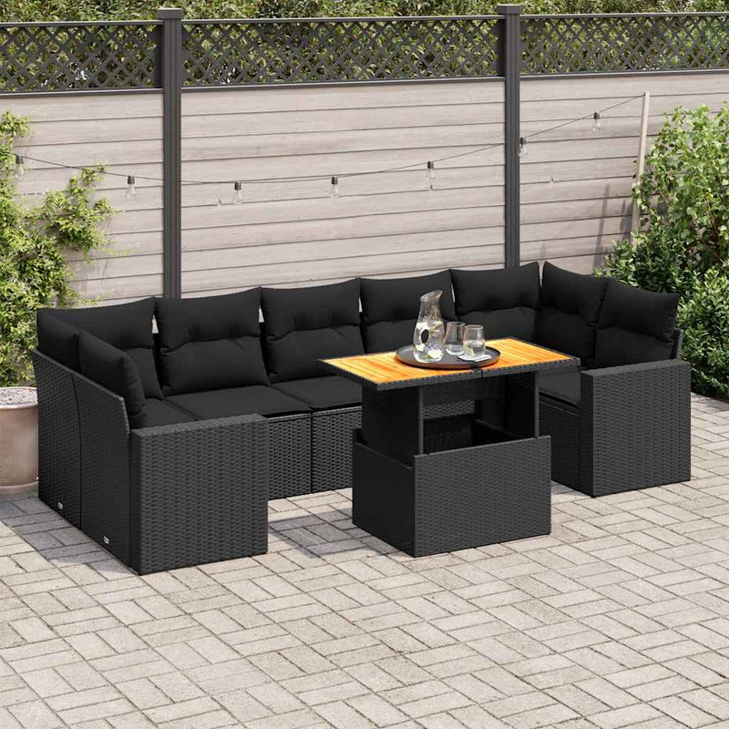 vidaXL 8 Piece Garden Sofa Set with Cushions Black Poly Rattan