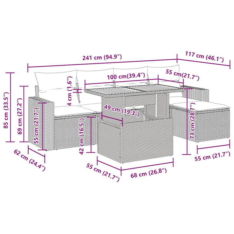 vidaXL 6 Piece Garden Sofa Set with Cushions Grey Poly Rattan
