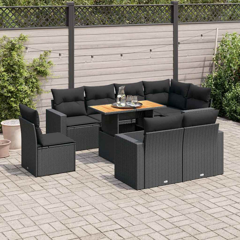vidaXL 9 Piece Garden Sofa Set with Cushions Black Poly Rattan