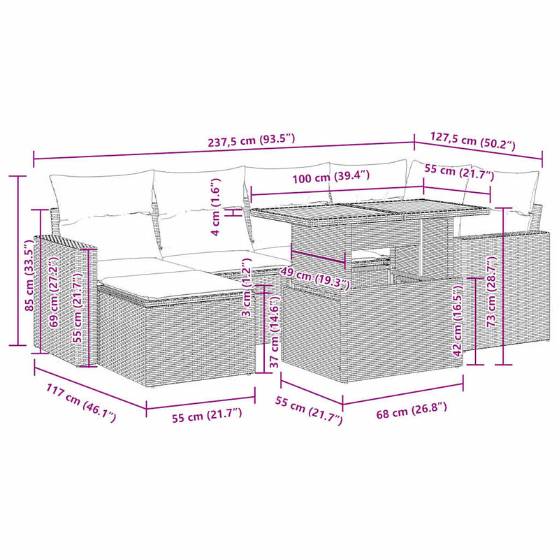 vidaXL 7 Piece Garden Sofa Set with Cushions Black Poly Rattan