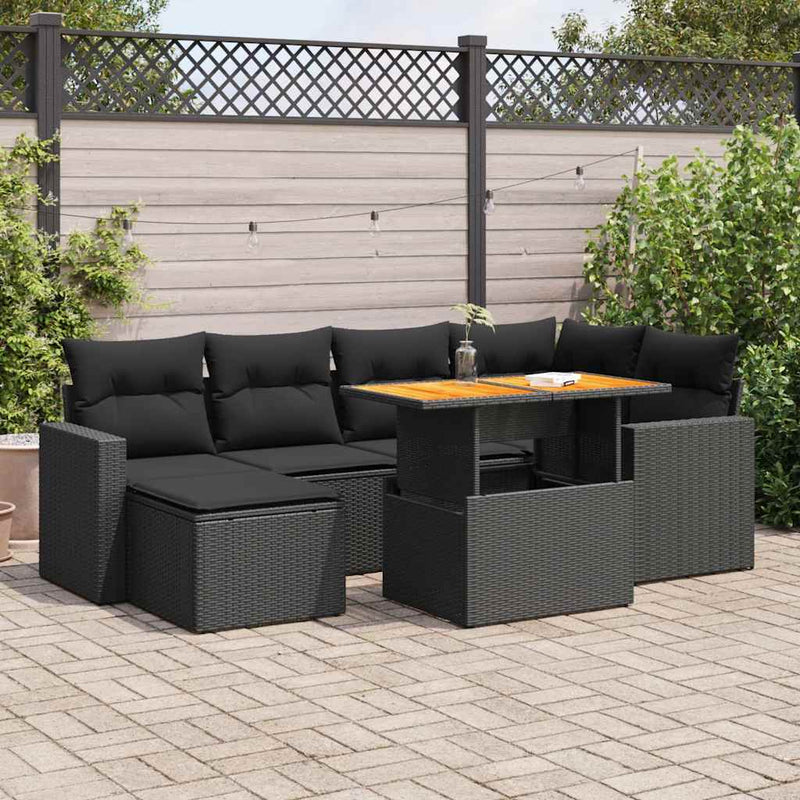 vidaXL 7 Piece Garden Sofa Set with Cushions Black Poly Rattan