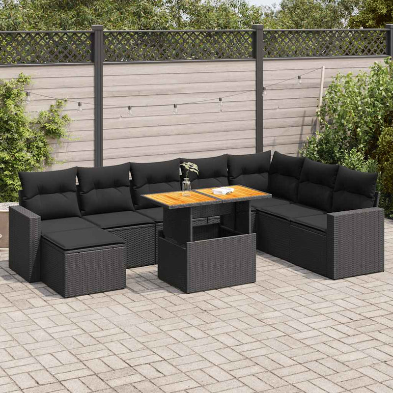 vidaXL 9 Piece Garden Sofa Set with Cushions Black Poly Rattan