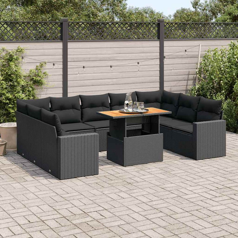 vidaXL 10 Piece Garden Sofa Set with Cushions Black Poly Rattan