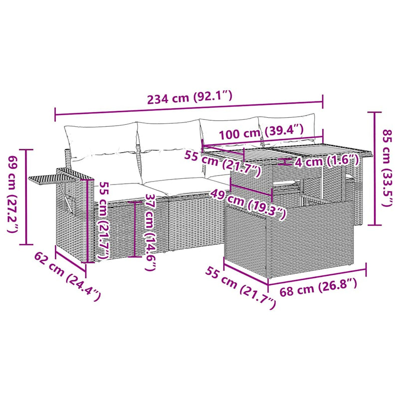 vidaXL 5 Piece Garden Sofa Set with Cushions Grey Poly Rattan