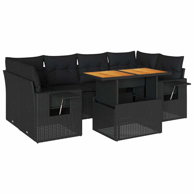 vidaXL 7 Piece Garden Sofa Set with Cushions Black Poly Rattan