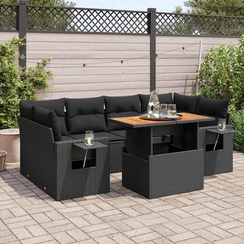 vidaXL 7 Piece Garden Sofa Set with Cushions Black Poly Rattan