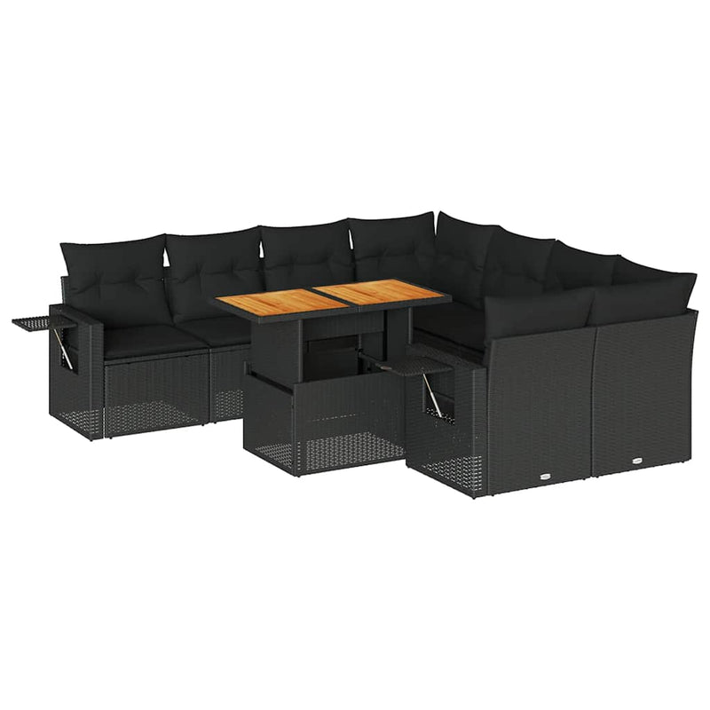 vidaXL 9 Piece Garden Sofa Set with Cushions Black Poly Rattan