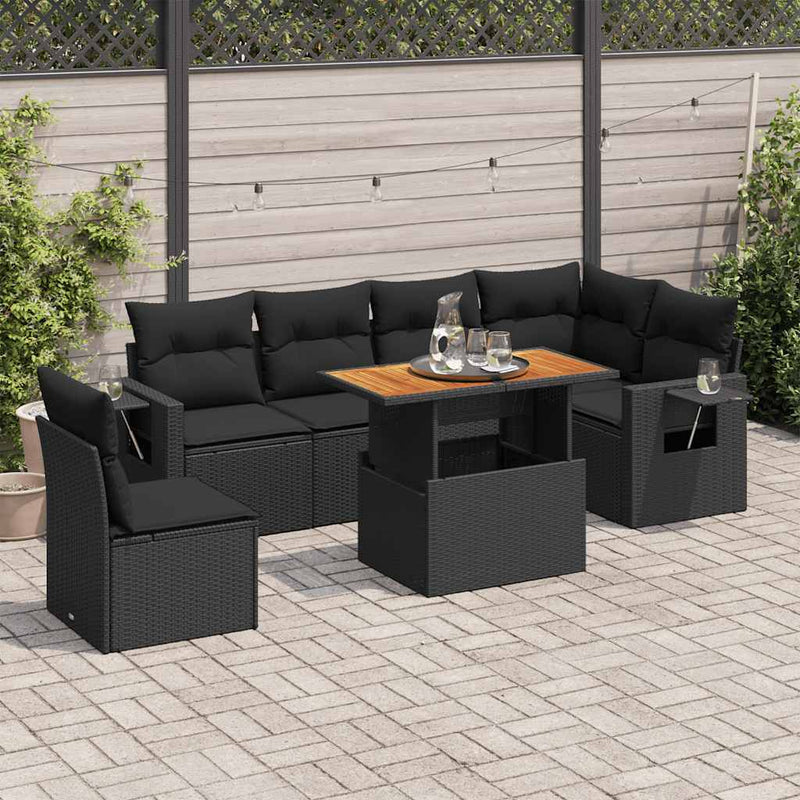 vidaXL 7 Piece Garden Sofa Set with Cushions Black Poly Rattan