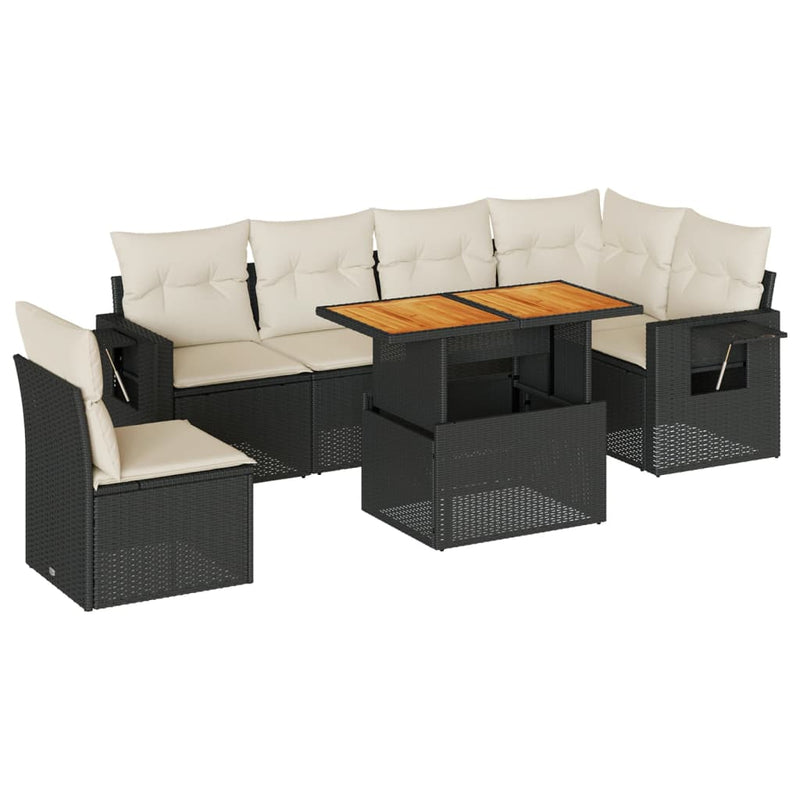 7 Piece Garden Sofa Set with Cushions Black Poly Rattan