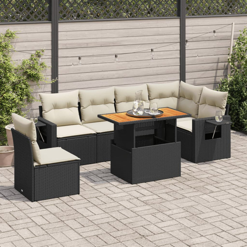 7 Piece Garden Sofa Set with Cushions Black Poly Rattan