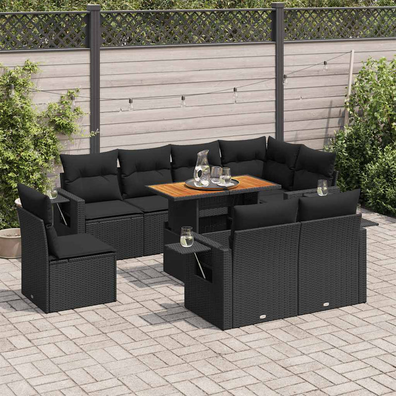 vidaXL 9 Piece Garden Sofa Set with Cushions Black Poly Rattan