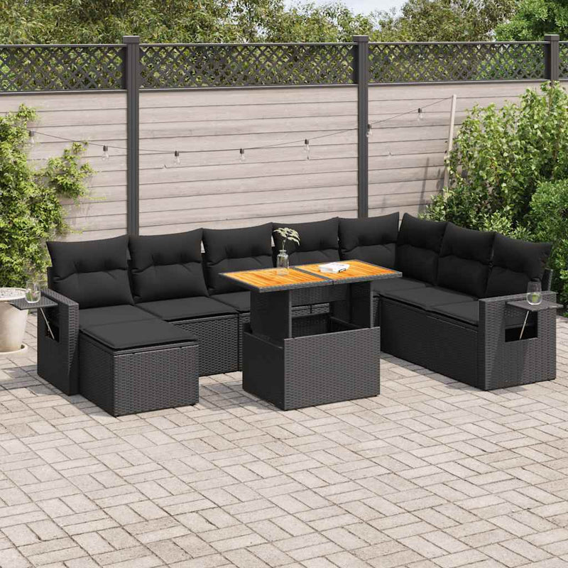 vidaXL 9 Piece Garden Sofa Set with Cushions Black Poly Rattan