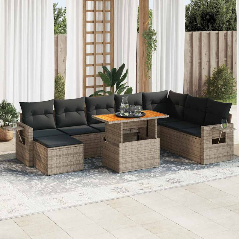 9 Piece Garden Sofa Set with Cushions Grey Poly Rattan