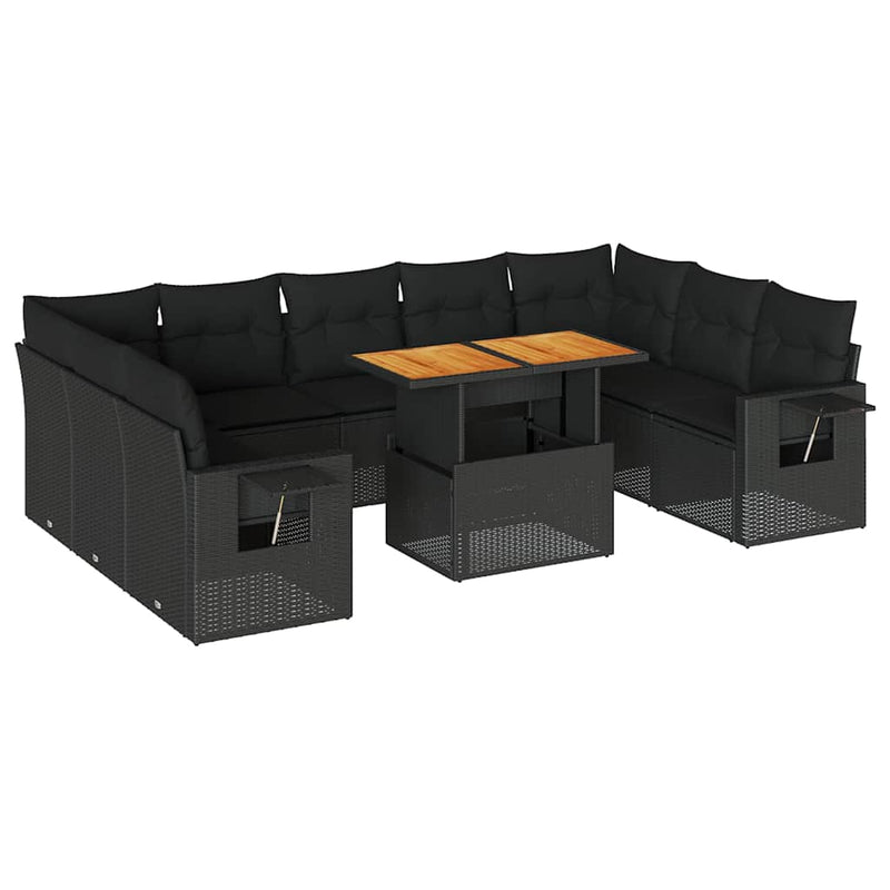 vidaXL 10 Piece Garden Sofa Set with Cushions Black Poly Rattan