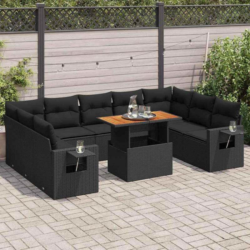 vidaXL 10 Piece Garden Sofa Set with Cushions Black Poly Rattan