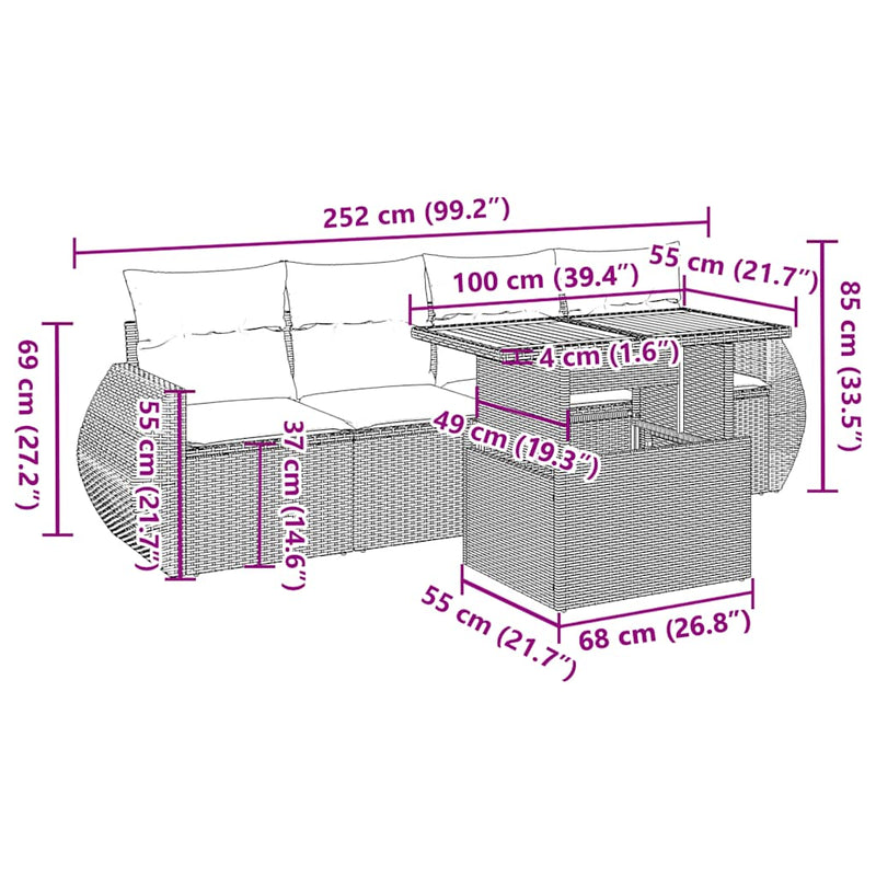 vidaXL 5 Piece Garden Sofa Set with Cushions Grey Poly Rattan
