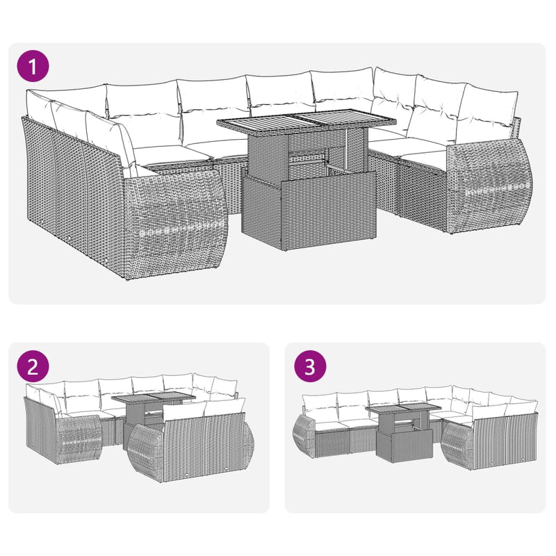 vidaXL 10 Piece Garden Sofa Set with Cushions Grey Poly Rattan