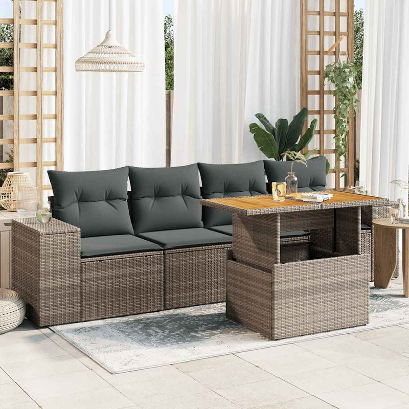 vidaXL 5 Piece Garden Sofa Set with Cushions Grey Poly Rattan