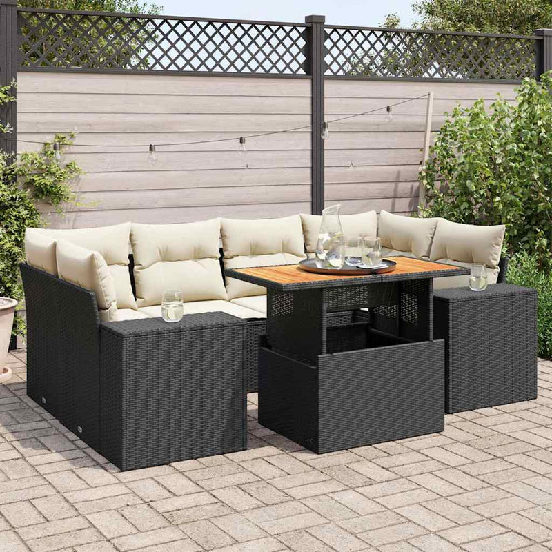 vidaXL 7 Piece Garden Sofa Set with Cushions Black Poly Rattan