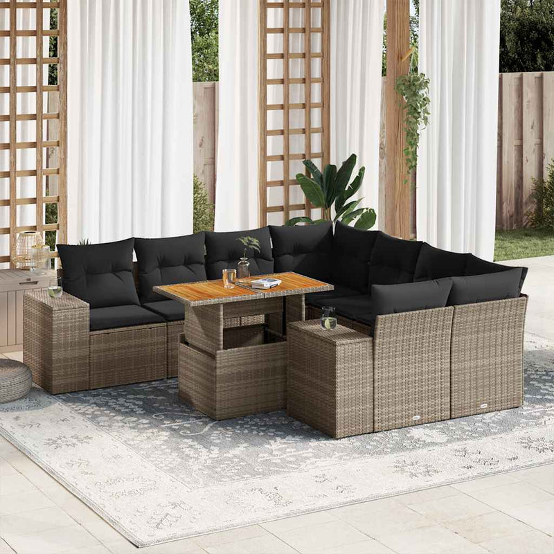 vidaXL 9 Piece Garden Sofa Set with Cushions Grey Poly Rattan