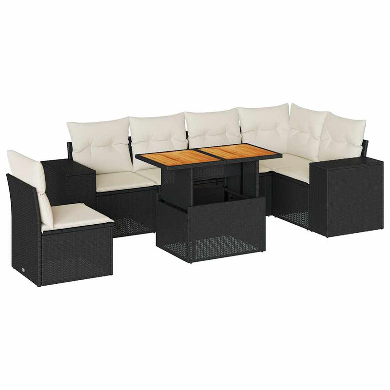 vidaXL 7 Piece Garden Sofa Set with Cushions Black Poly Rattan
