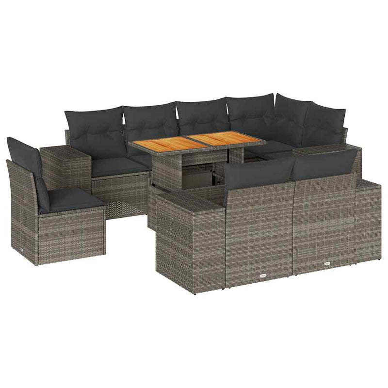 9 Piece Garden Sofa Set with Cushions Grey Poly Rattan