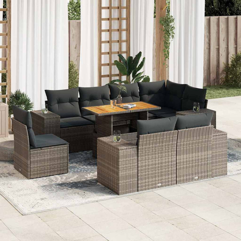 9 Piece Garden Sofa Set with Cushions Grey Poly Rattan