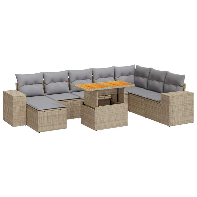 9 Piece Garden Sofa Set with Cushions Grey Poly Rattan Acacia