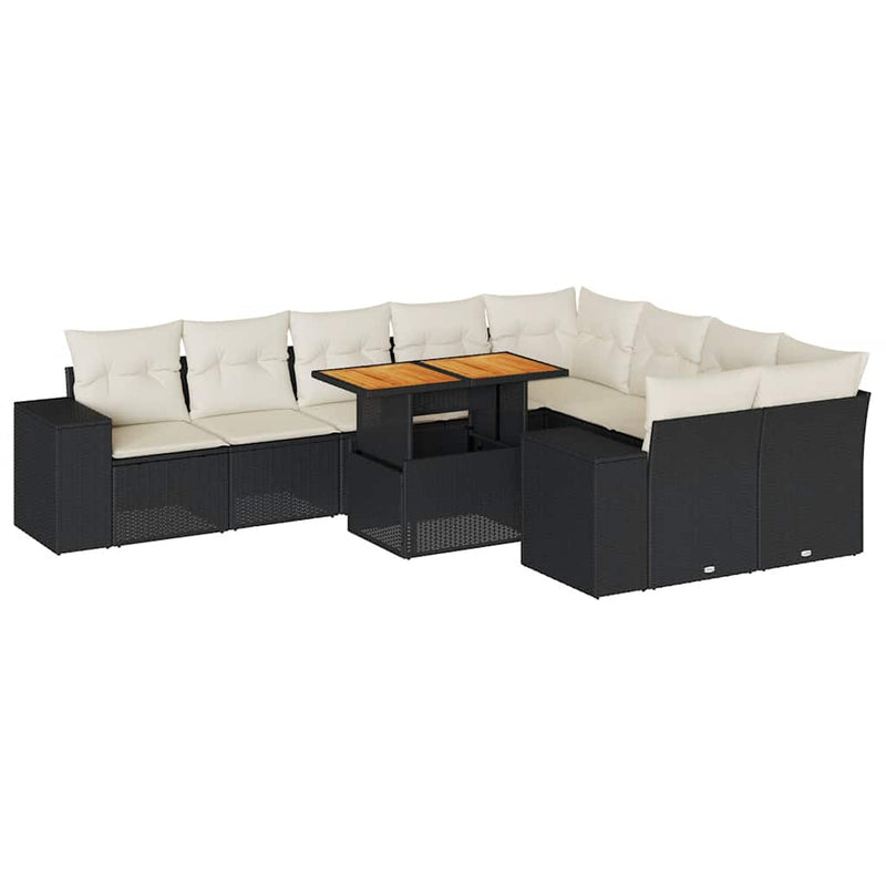 vidaXL 10 Piece Garden Sofa Set with Cushions Black Poly Rattan Acacia