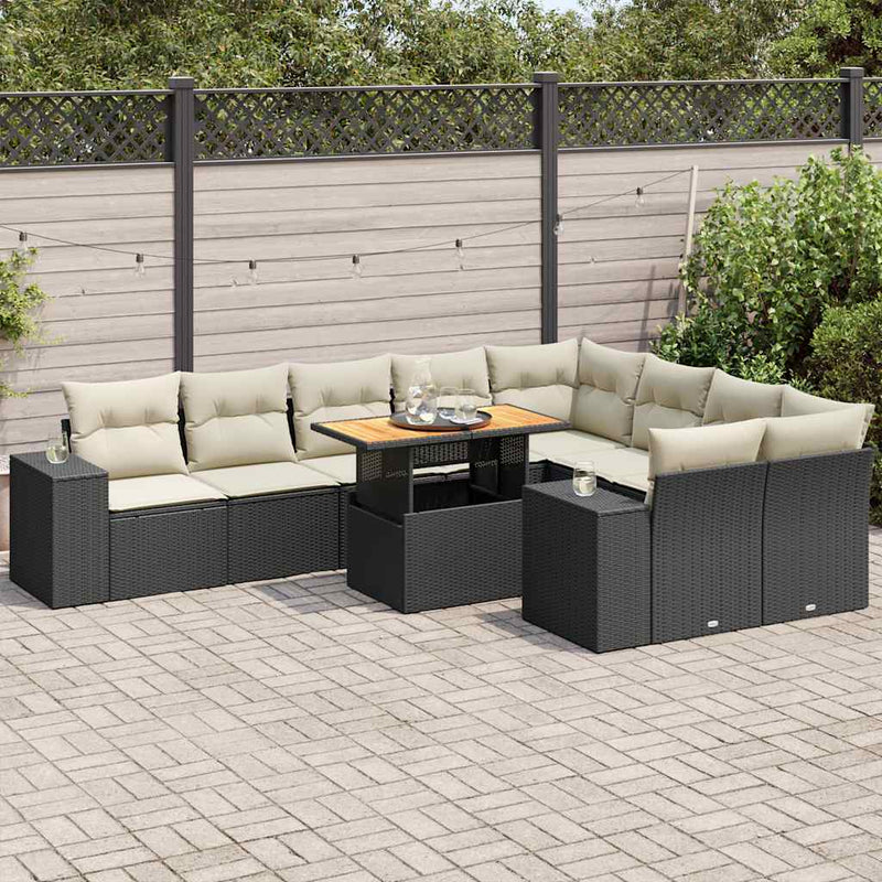 vidaXL 10 Piece Garden Sofa Set with Cushions Black Poly Rattan Acacia