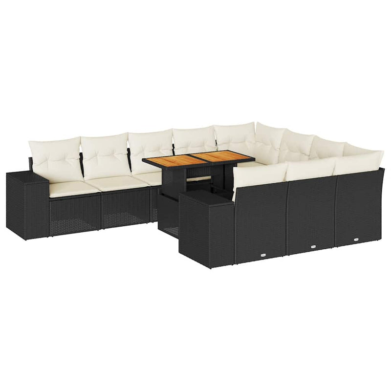 vidaXL 10 Piece Garden Sofa Set with Cushions Black Poly Rattan Acacia
