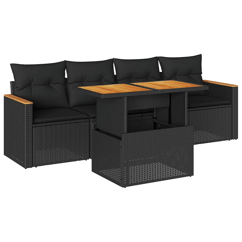 5 Piece Garden Sofa Set with Cushions Black Poly Rattan Acacia